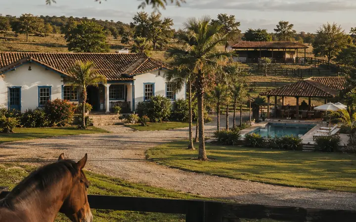 Casa de campo com cavalo, imagem ilustrativa